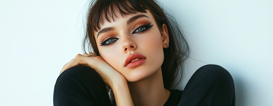 Capture a model with emo eyeliner and expressive eyes, sitting against a plain white background, focusing on the emo makeup style, more clarity with clear light and sharp focus, high detailed