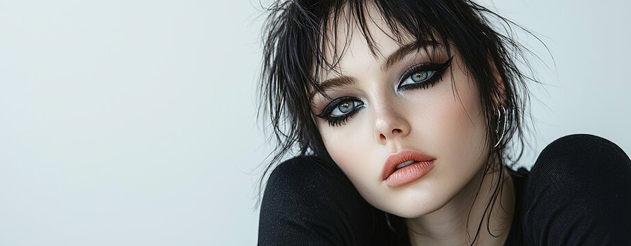 Capture a model with emo eyeliner and expressive eyes, sitting against a plain white background, focusing on the emo makeup style, more clarity with clear light and sharp focus, high detailed