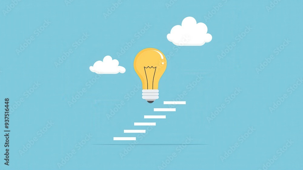 Poster lightbulb idea concept with stairs reaching up to the clouds
