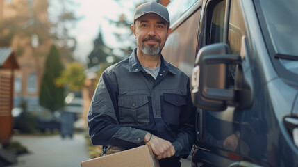 A delivery driver in a company uniform, holding a package, standing next to a delivery van, smiling.