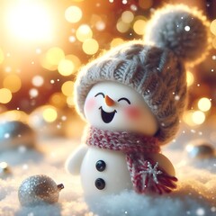 Obraz premium Cute Laughing Snowman with Wool Hat & Scarf - Photorealistic Winter Scene with Bokeh Lights