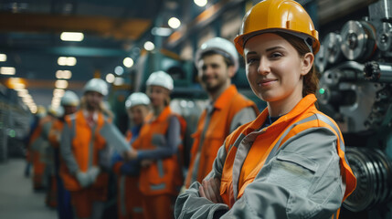 A group of factory workers in uniform, standing in a factory, all smiling.