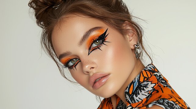Illustrate a model with bold emo eyeliner and a stylish outfit, captured in a straightforward pose with a white background, focusing on the makeup's details, more clarity with clear light and sharp