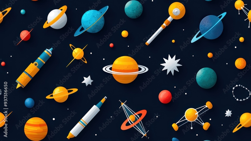 Poster planets and telescopes are featured in this vector seamless pattern of doodle scientific icons on a 