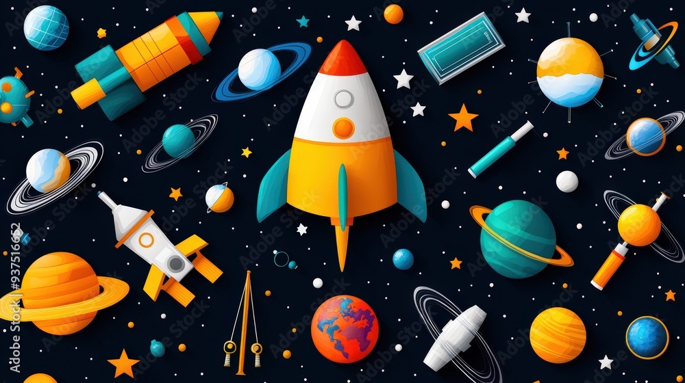 Poster vector seamless pattern of doodle science icons featuring planets and telescopes on a blackboard bac
