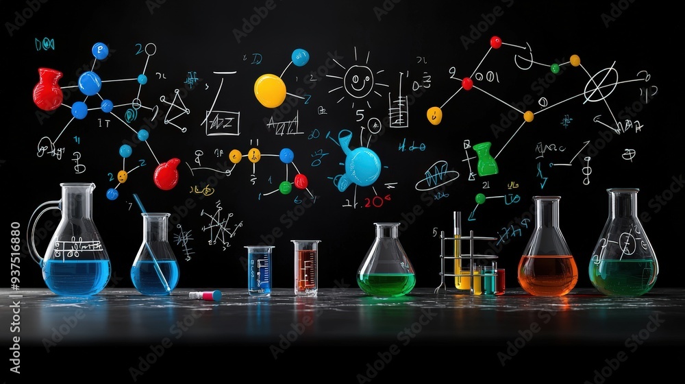 Poster vector seamless pattern of science doodles including chemical flasks and mathematical symbols on a b