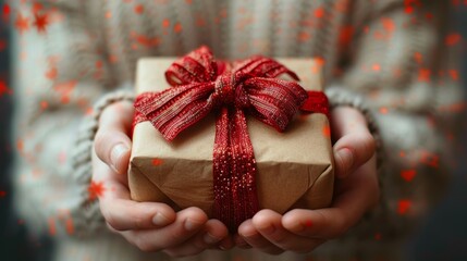 A person presents a beautifully wrapped gift adorned with a red ribbon while celebrating a special occasion in a cozy indoor setting during the holiday season