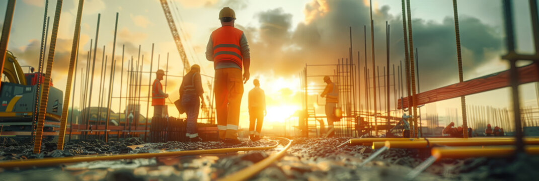 Dynamic scenes from construction sites, showing teamwork and coordination among workers.