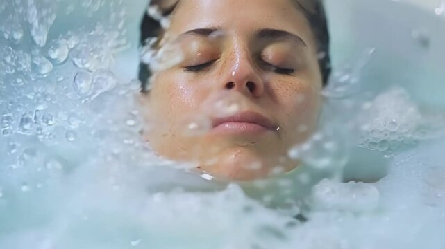 Young woman is enjoying the benefits of cold therapy, immersing herself in a bathtub filled with ice water for a refreshing and invigorating experience