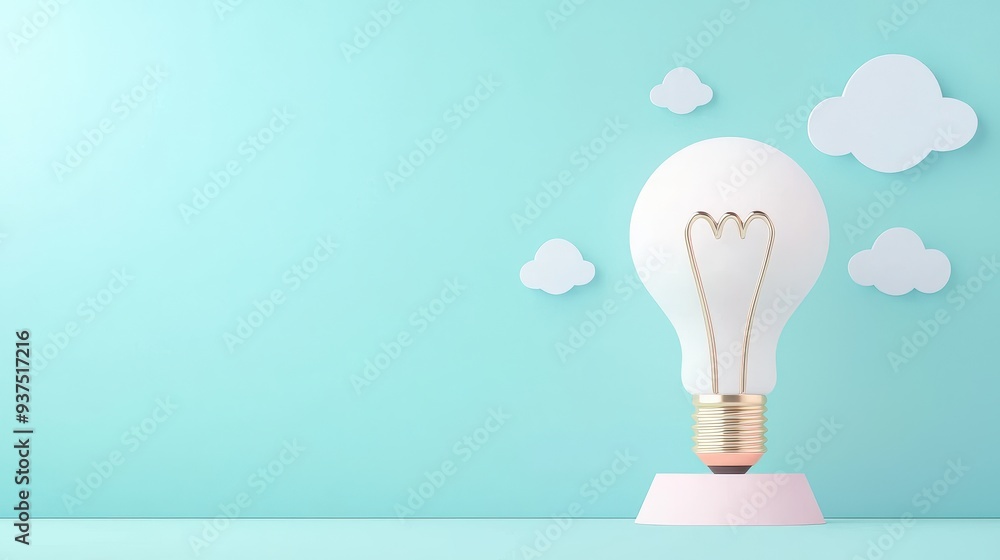 Poster lightbulb idea concept with clouds on blue background
