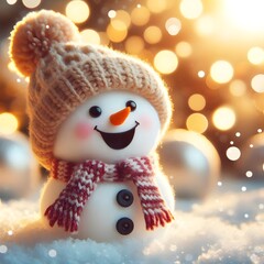 Obraz premium Cute Laughing Snowman with Wool Hat & Scarf - Photorealistic Winter Scene with Bokeh Lights