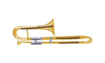 Fototapeta premium Large golden trumpet trombone. Brass musical instrument for playing orchestral or classical music. Decorative element for music store poster. Flat vector icon