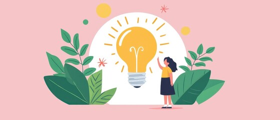 Woman Reaching for Light Bulb Inspiration Concept Illustration