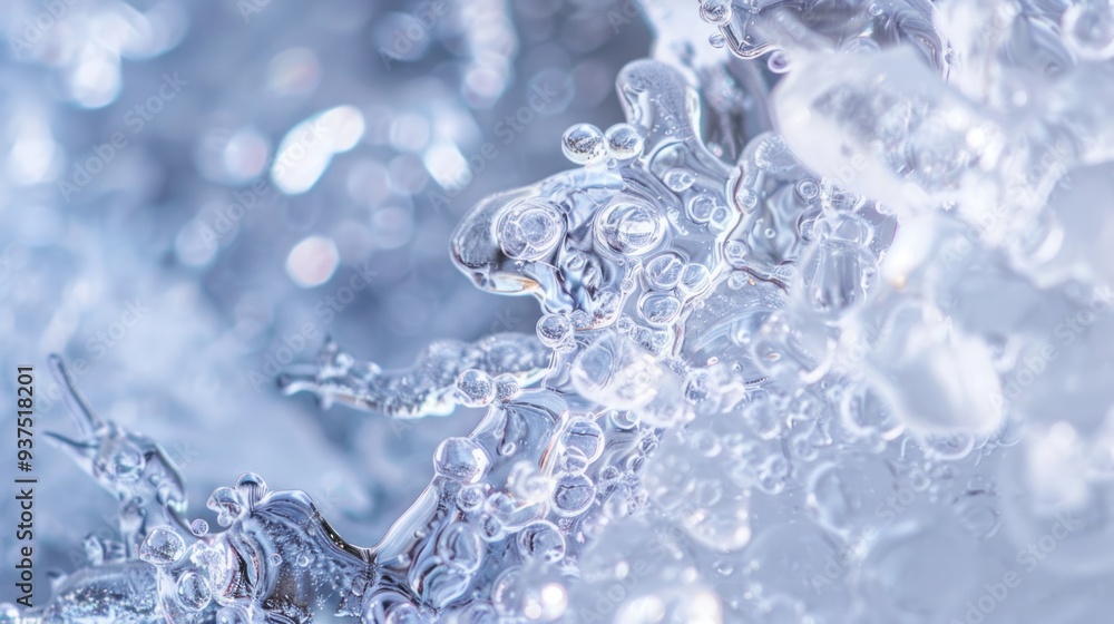 Poster a close-up view of a frozen stream, with intricate ice formations and tiny air bubbles trapped withi