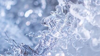 A close-up view of a frozen stream, with intricate ice formations and tiny air bubbles trapped within the ice.