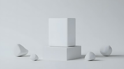 Minimalist White Cube and Stones 3D Render