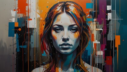A woman's portrait with vibrant colors and abstract shapes.