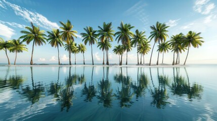 A cluster of coconut trees lining a tranquil tropical lagoon, their reflections shimmering in the crystal-clear water.