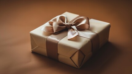 Obraz premium A beautifully wrapped gift box with a satin ribbon on a warm brown background, perfect for celebrations or special occasions, inviting anticipation and joy