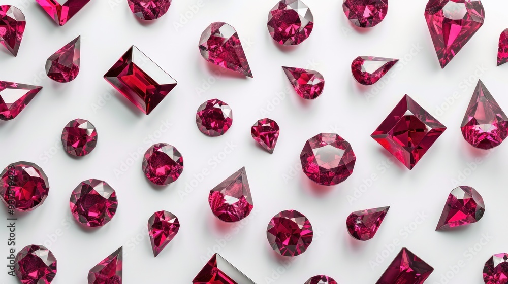 Poster a collection of ruby gemstones of various sizes and shapes, arranged in a geometric pattern