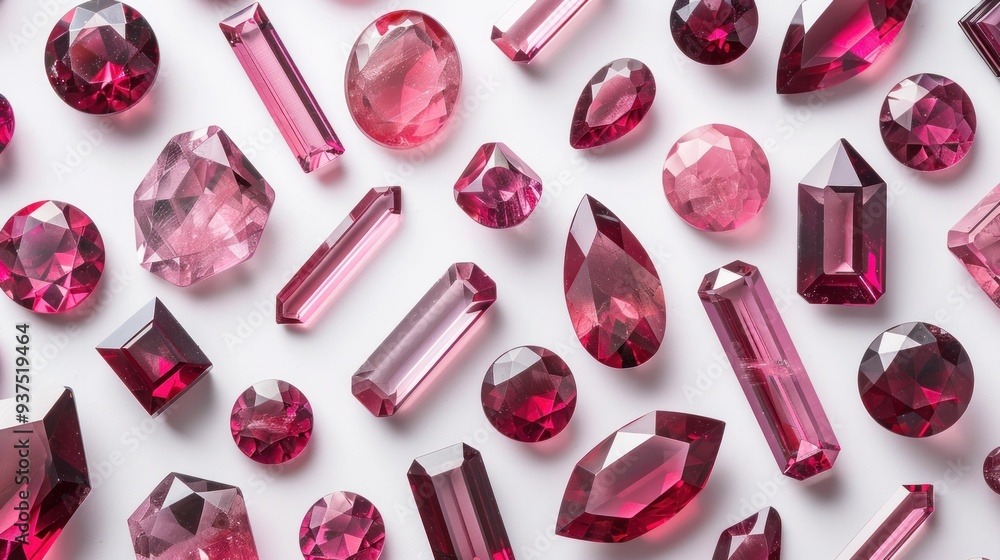 Poster a collection of ruby gemstones of various sizes and shapes, arranged in a geometric pattern