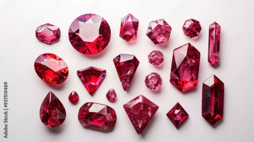 Poster a collection of ruby gemstones of various sizes and shapes, arranged in a geometric pattern
