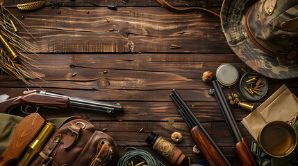 Hunting equipment on a wooden background.
