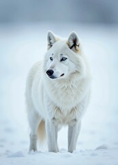 Obraz premium A Tundra Wolf, camouflaged in snowy tundra, blends into the icy landscape, highlighting its graceful stance.
