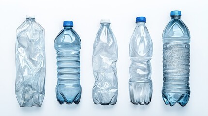 Five Empty Plastic Water Bottles on a White Background
