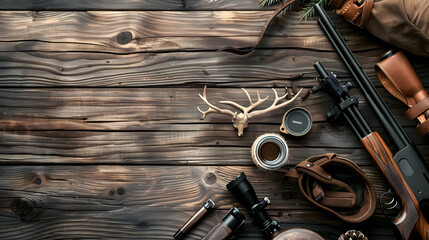 Hunting equipment on a wooden background.