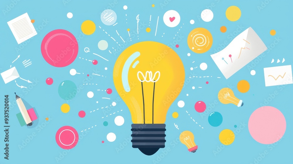 Poster bright idea concept with lightbulb and colorful elements on blue background