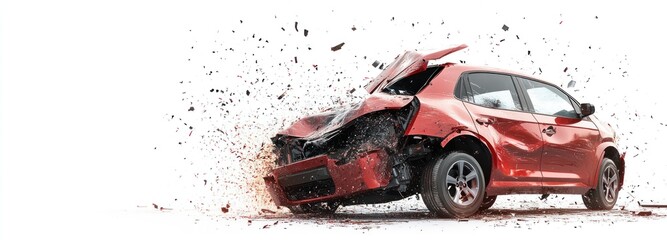 Red Car Crashing With Debris Flying