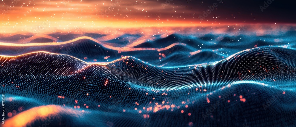Poster mesmerizing particle waves in a captivating cosmic landscape