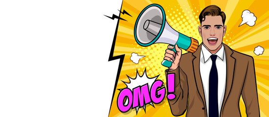 Business man with loudspeaker megaphone announcing discount or sale Special offer shopping time