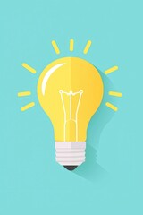 Flat Design Yellow Lightbulb with Rays on Blue Background