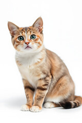 Fototapeta premium A close-up portrait of a curious tabby cat with large green eyes and a fluffy coat. The cat is sitting upright against a white background, showcasing its distinct stripes and white chest.
