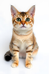 Obraz premium A close-up portrait of a curious tabby cat with large green eyes and a fluffy coat. The cat is sitting upright against a white background, showcasing its distinct stripes and chest.