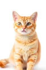 Obraz premium A cute orange tabby kitten with large green eyes, sitting against a white background. The kitten has a fluffy coat with distinctive stripes and a curious expression.