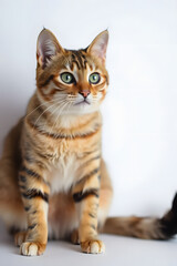 A close-up portrait of a curious tabby cat with large green eyes and a fluffy coat. The cat is sitting upright against a white background, showcasing its distinct stripes and chest.