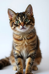 Fototapeta premium A close-up portrait of a curious tabby cat with large green eyes and a fluffy coat. The cat is sitting upright against a white background, showcasing its distinct stripes and chest.