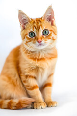 A cute orange tabby kitten with large green eyes, sitting against a white background. The kitten has a fluffy coat with distinctive stripes and a curious expression.