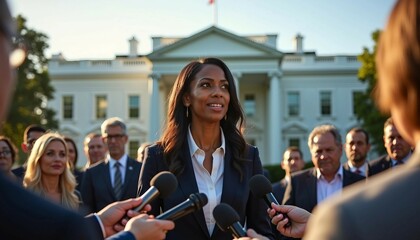 Fototapeta premium An African American female senator speaks confidently to the press in front of the White House, bathed in warm afternoon sunlight. 