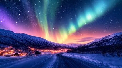 The beautiful northern lights over the icy road illuminate the snowy village. A magical polar night.