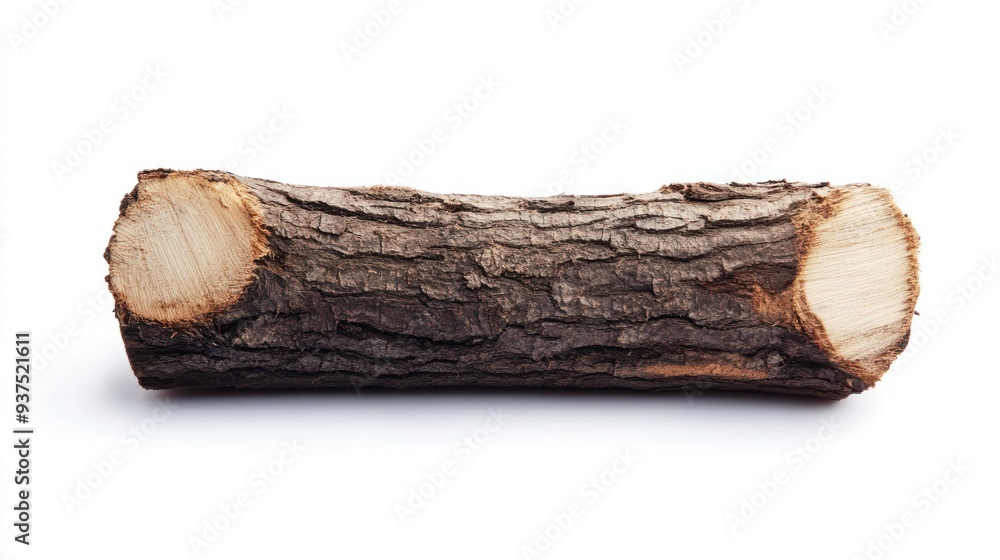 Poster a single log with rough bark and cut ends on a white background