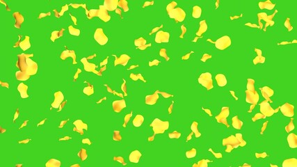 Potato chips falling on green screen. Potato chips rain. 3D animation. Snacks, appetizers and fast food concept.