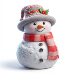 Fototapeta premium Cute Laughing Snowman with Wool Hat & Scarf - Photorealistic Winter Scene with Bokeh Lights, isolated on a white background