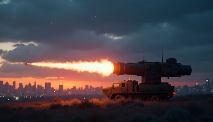 Fototapeta premium A missile defense system operates under a twilight sky, with a city skyline and early stars in the background.