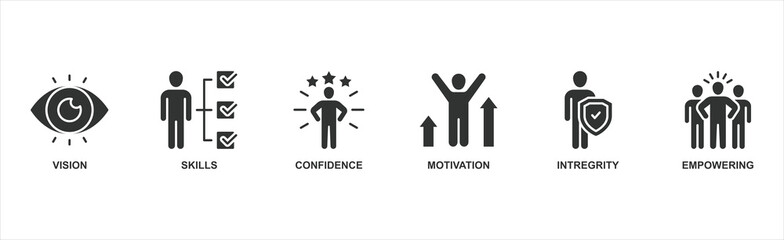 Leadership Banner web : Vector Icon Illustration Concept Featuring Vision, Skills, Confidence, Motivation, Integrity, and Empowerment