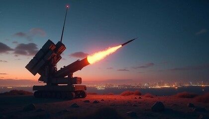 A missile defense system operates under a twilight sky, with a city skyline and early stars in the background.