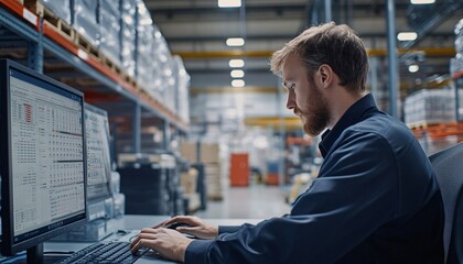 A Warehouse Employee Managing Inventory on a Computer